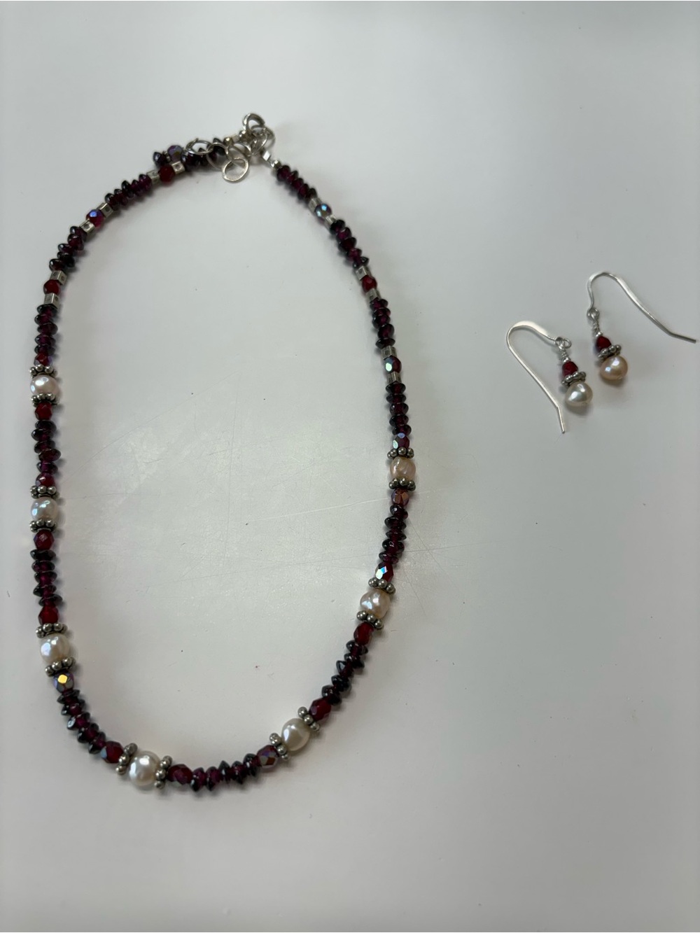 Pearl and Deep Red Bead Necklace with Matching Earrings